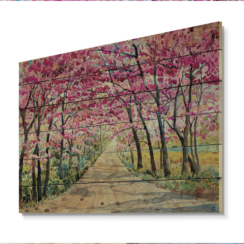 Chemin vers la forêt rose enchantée - peinture sur bois sans cadre, H 12 po x l 20 po x P 1 po