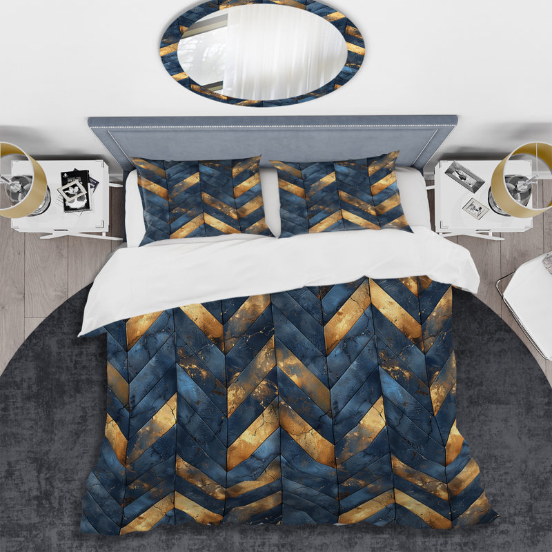 Ensemble de housse de couette transitionnel bleu doré à chevrons Glamour VI