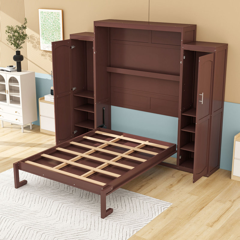 Wooden Murphy Bed with Shelves and Wardrobes, Walnut, Queen