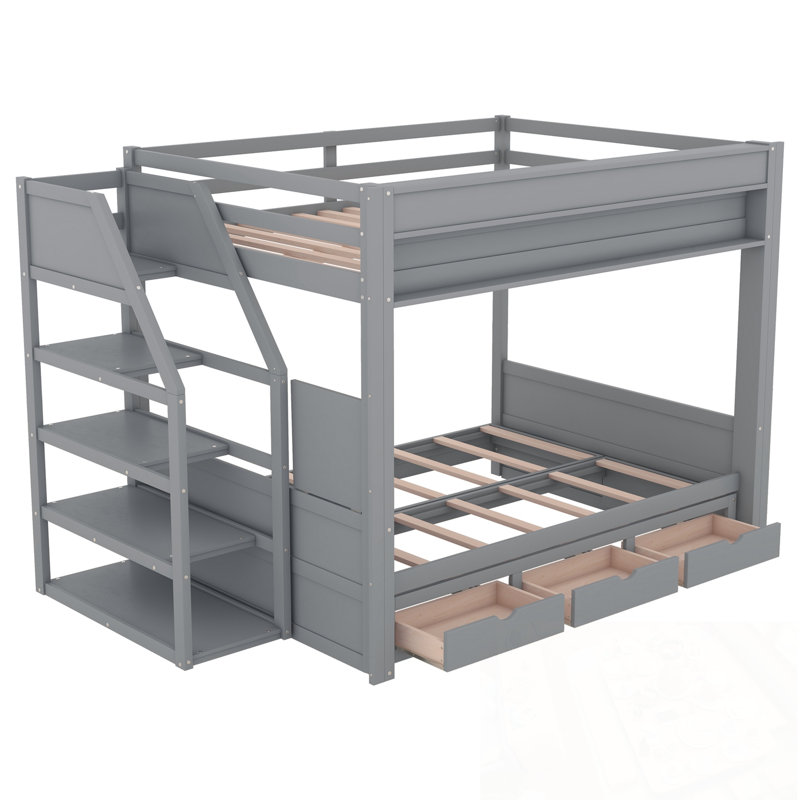 Lit superposé convertible en bois avec escalier de rangement, Gris