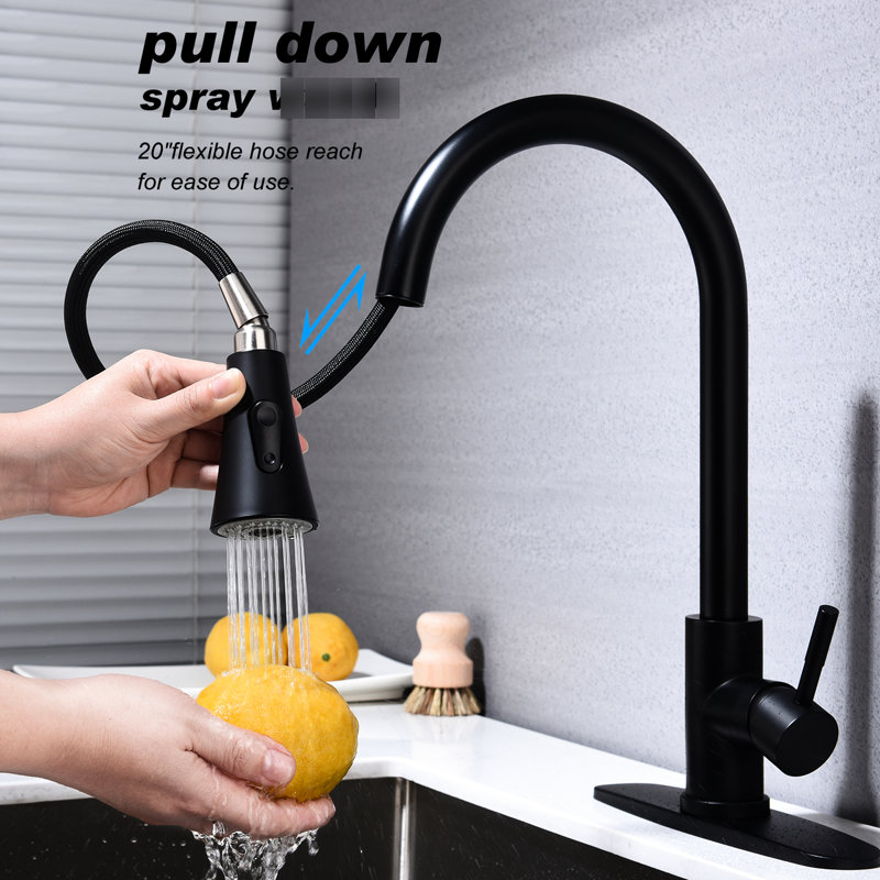 Robinet de cuisine rétractable à jet noir mat: acier inoxydable, tête rotative à 360 °, revêtement anticorrosion, contrôle facile de l'eau avec un seul levier dans le bec, protection, poignée pour diverses exigences