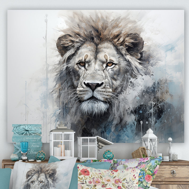 Gris et bleu, «Red Lion», art mural Lion, 34" H x 44" W, Toile tendue