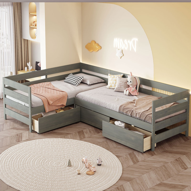 Lit plateforme en L avec trois tiroirs de rangement, Gris