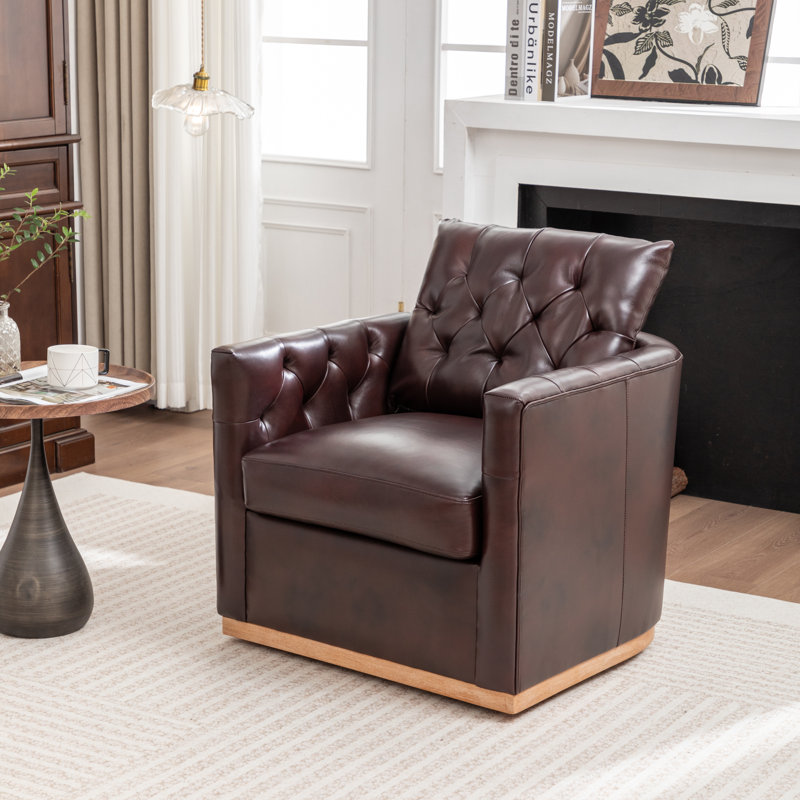 Azib 31'' Wide Genuine Leather Top Grain Leather Swivel Armchair, Espresso