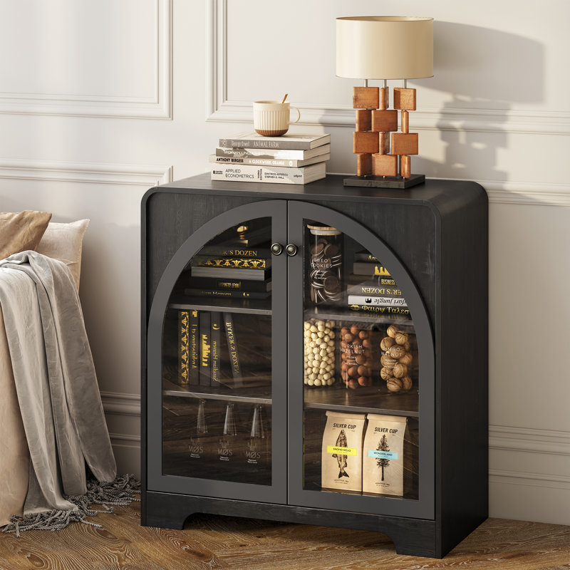 31.5" Sideboard Buffet Cabinet With 2 Arched Glass Doors Storage, Console Table Coffee Bar for Kitchen Living Room Hallway, Black