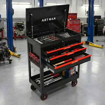 3 DRAWERS MULTIFUNCTIONAL TOOL CART Size: 35.43 x 17.83 x 37.6 inches Material: Metal Set Quantity: 1 Pack Product Type: Tool Cart Color: Black&Red Core Selling Point: Heavy Duty