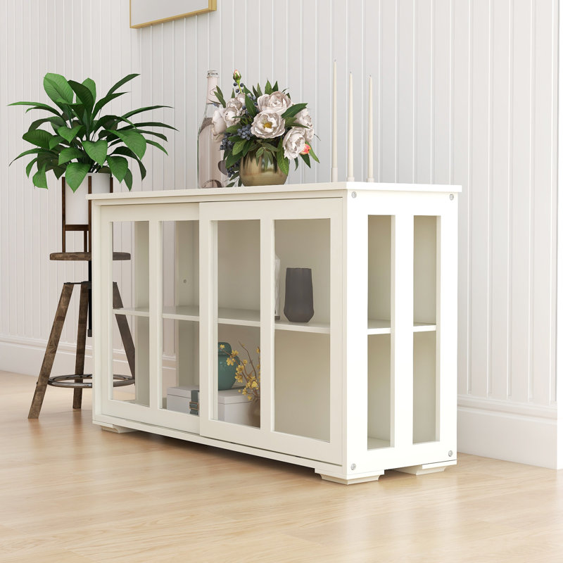 Kitchen Storage Stand With Glass Door - White. Made Cupboard For Extra Space. 2 Sliding Doors And Adjustable Shelf. Painted Finish. Non-Slip Bottom To Keep Cabinet Stable White Door. Build