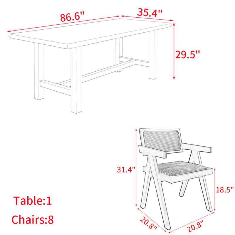 Ensemble de table de salle à manger en bois massif de style chinois, 29.5"H x 86.6"L x 35.4"W