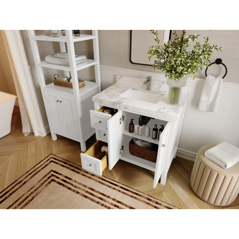 Nashville X P 22 po Meuble-lavabo central en albâtre, Blanc / nickel brossé, Quartz gris perle