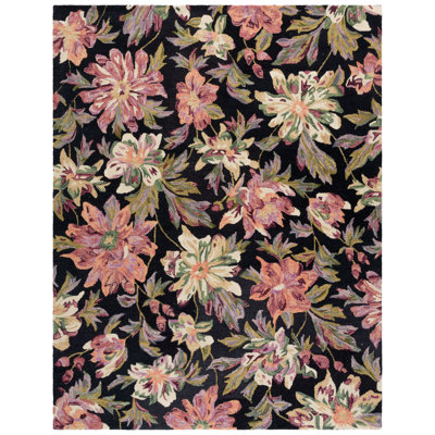 Kamaar Hand Tufted Wool/Cotton Floral Rug in Black/Plum