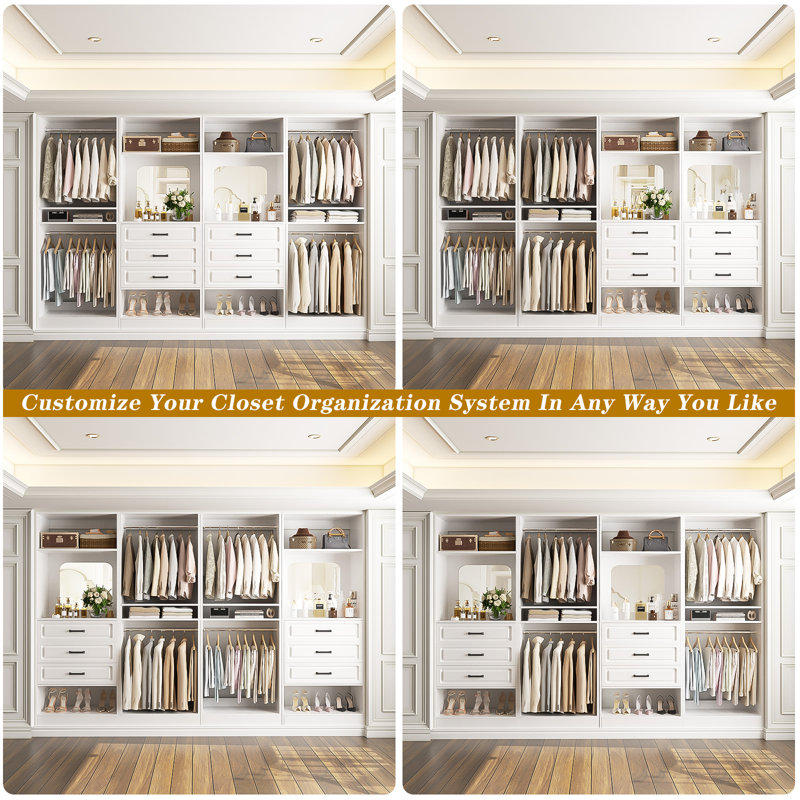 100" Closet System with Hanging Rods and Mirror, White
