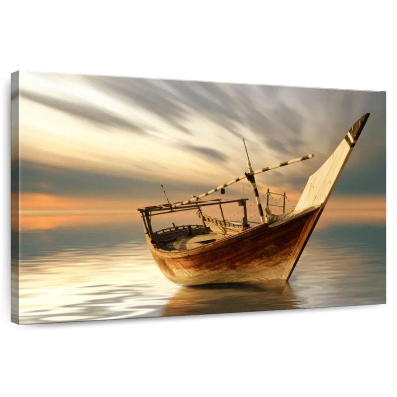 Bateau Mehar au coucher du soleil, H 32 po x l 48 po