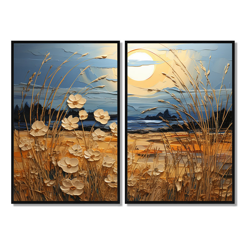 «Yellow Blue Prairies Whispers Patchwork I», impressions d'art traditionnel bleu sur toile, H 36 po x l 48 po, Cadre flottant
