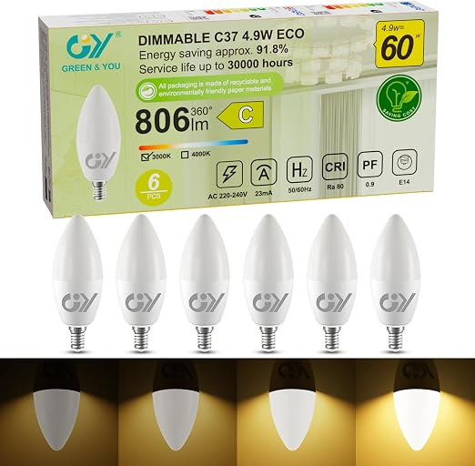 GY E14 LED Dimmable 4.9W , 807 Lumens High Brightness, 3000K Warm White, C37 Candle-Style Bulb, Energy Class C, Flicker-Free Dimming, CE Certification, 6 PCS