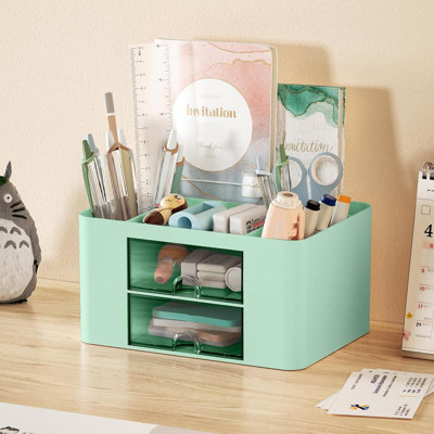 Organisateur de stylos avec 2 tiroirs, porte-crayons multifonctionnel pour bureau, organisateurs de bureau et accessoires avec 5 compartiments + tiroir pour fournitures de bureau (bleu)