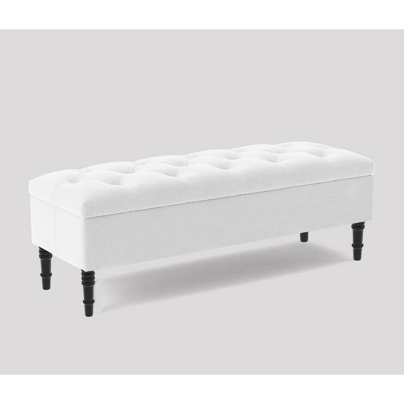 Alyana Wide Tufted Rectangle Ottoman Storage Bench - Upholstery Velvet Shoe Bench with Turned Wooden Legs, White