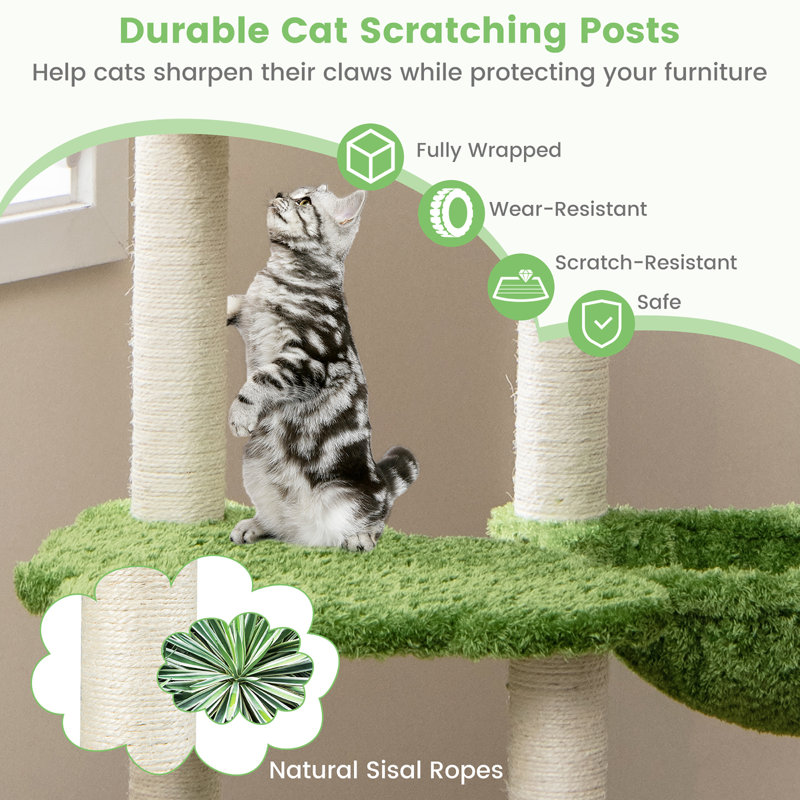 Green and Beige 55'' Tall Wooden Cat Tree with Sisal Posts