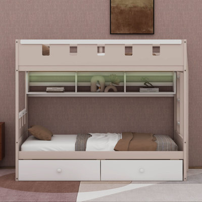 Lit superposé Castle avec tiroirs de rangement, lit superposé en bois avec tablette et lumières DEL