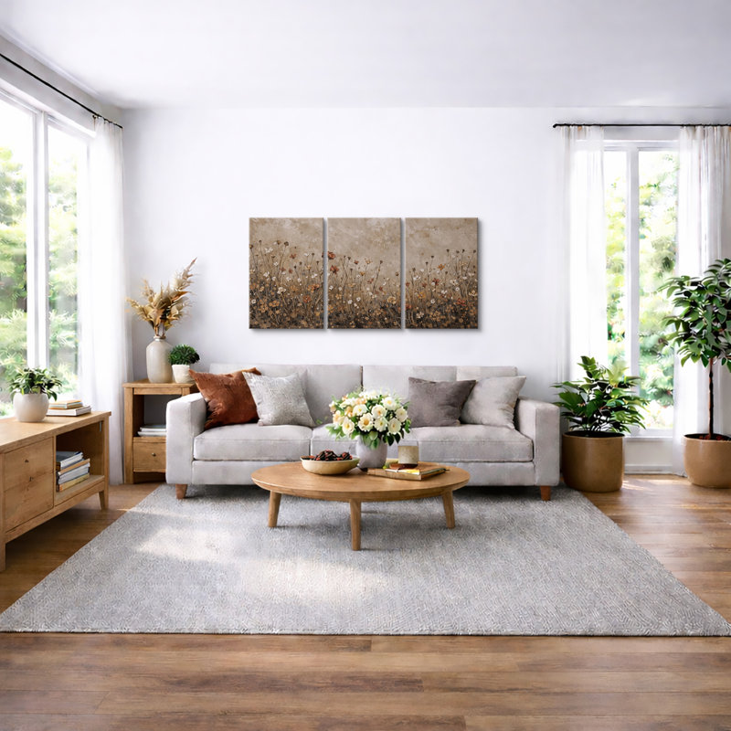 Autumn Wildflower Meadow Artwork, Living Room Pictures, Framed Canvas Giclee Print Wall Art, 24" H x 48" W, Wrapped Canvas