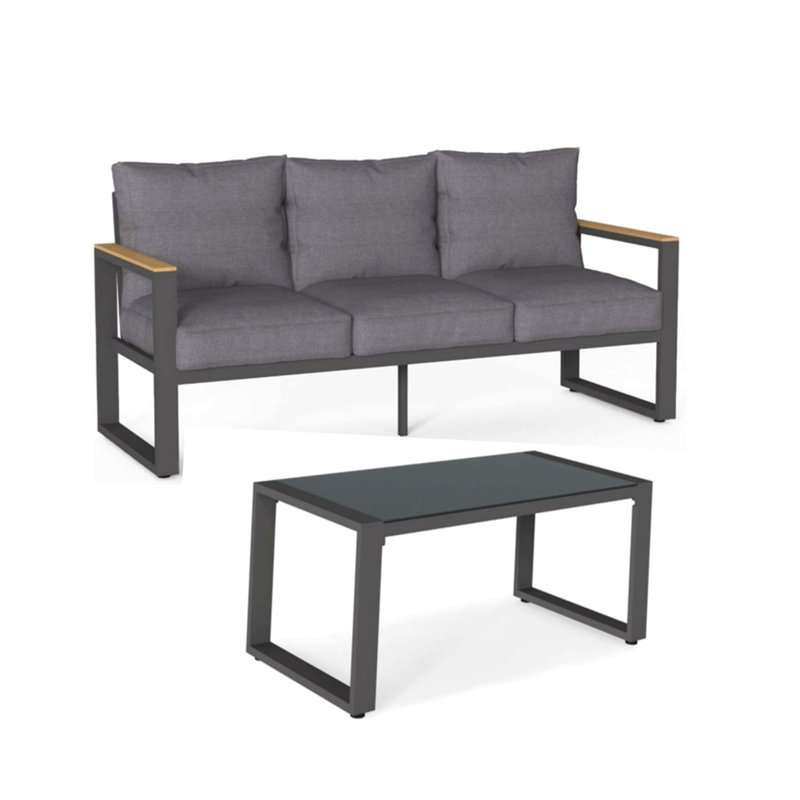 2-Piece 3-Seat Outdoor Sofa Couch Set, 75" All-Weather 3-Seat Aluminum Patio Sofa With Thick Gray Cushions  & 44" Glass Coffee Table