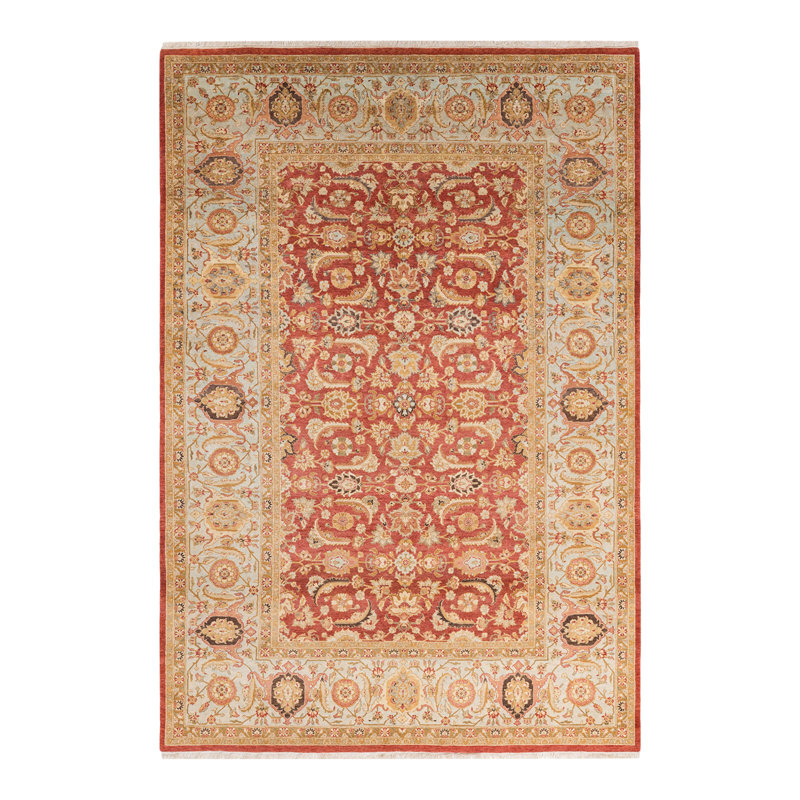 Tapis unique bleu clair / rouille noué à la main de conception unique 6 pi 1 po x 9 pi 1 po Keller