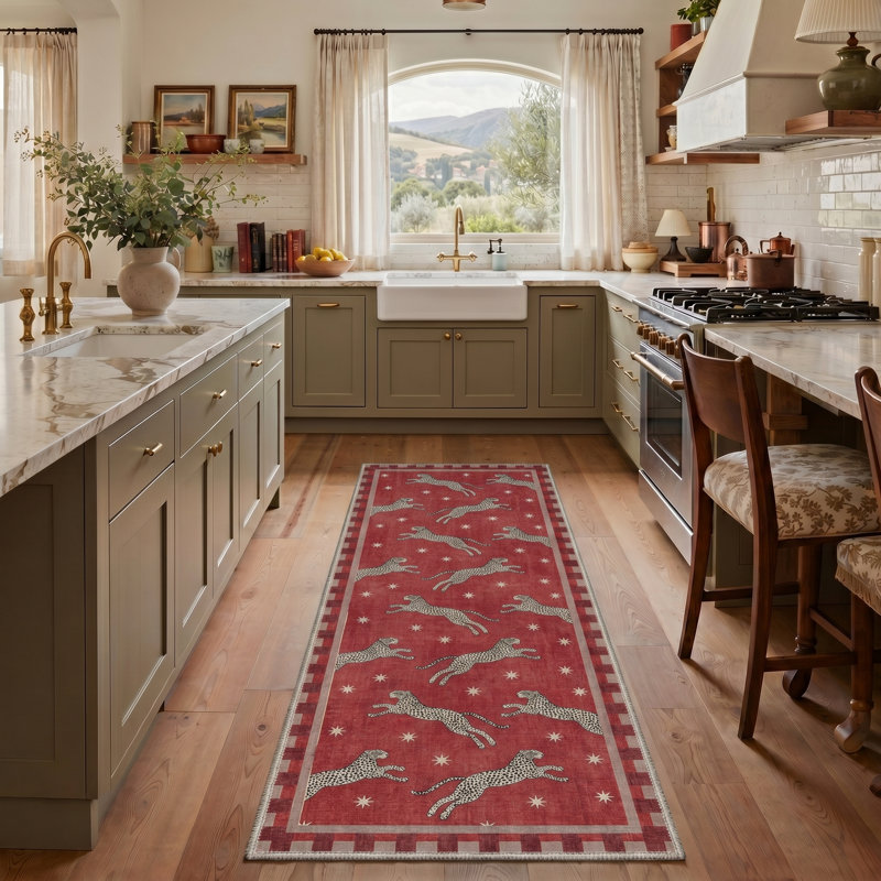 Safari Run Animal Print Machine Washable Red / Beige Indoor Area Rug with Non-Slip Backing, Runner 2' x 7'
