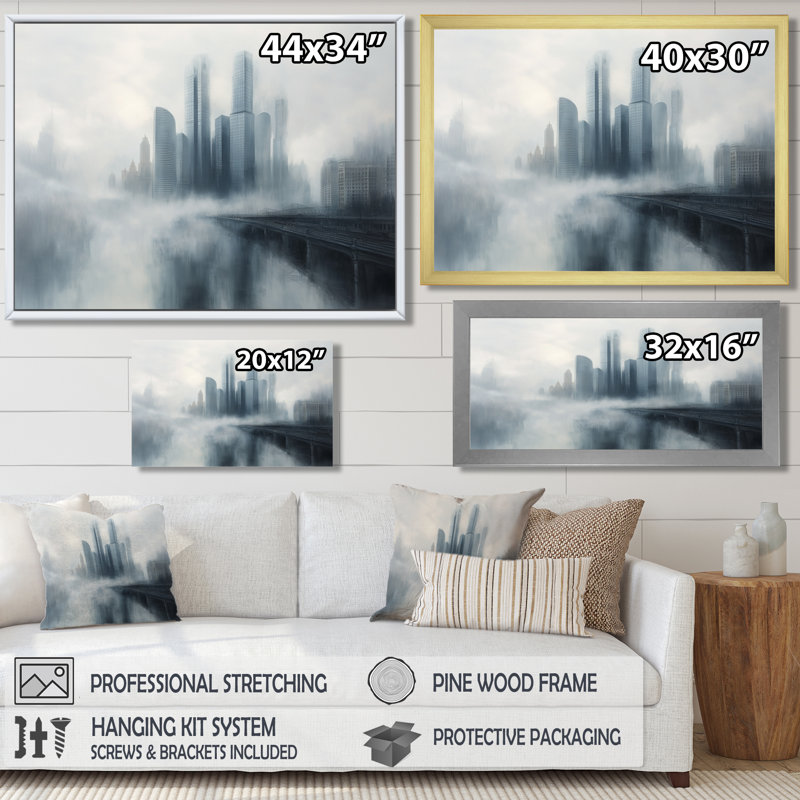 «Rainy Skyscrapers In Chicago - Chicago, art mural, impression sur toile paysage urbain gris, H 12 po x l 20 po, Blanc