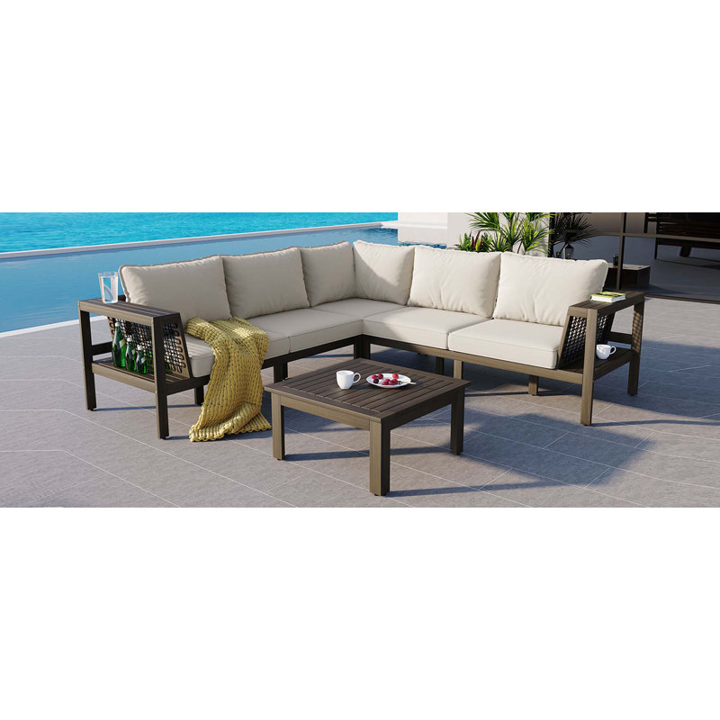 Ensemble de canapé d'extérieur en forme de L 4 pièces avec accoudoirs en filet tissé et table basse