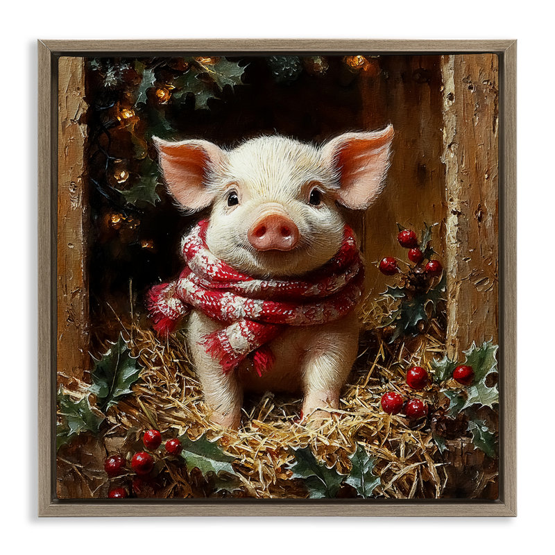 Cochon avec cadre flottant de guirlandes des Fêtes, design par Riley B, H 18 po x l 18 po, Cadre flottant orme Montalcino