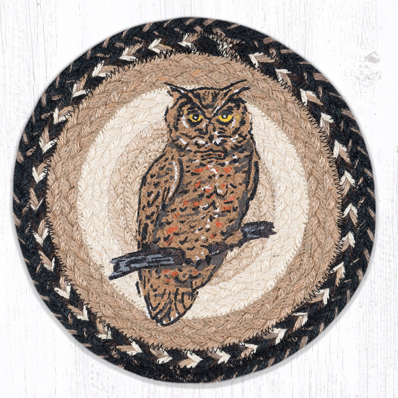  Hibou rond sous-plat - coussin chauffant en fibre naturelle tressée rustique 10 po x 10 po avec imprimé oiseau des bois, Owl