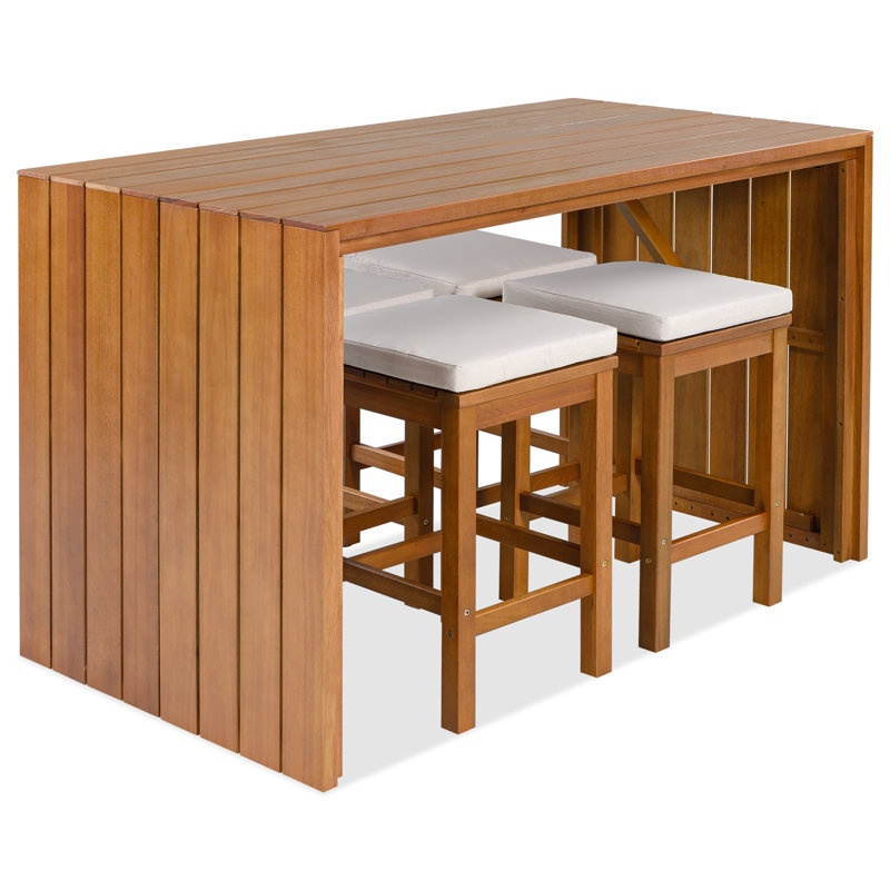 5 Piece Outdoor Bar Set, Acacia Wood Bar Table And Chairs Set With Beige Cushions, Rectangular Patio Dining Set With 4 Stools For Patio, Backyard, Garden, Natural