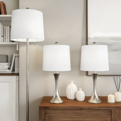 Ensemble de lampes de table et de plancher de style Mid-Century 3 pièces avec base en trompette évasée, finition argent brossé et ampoules à DEL écoénergétiques