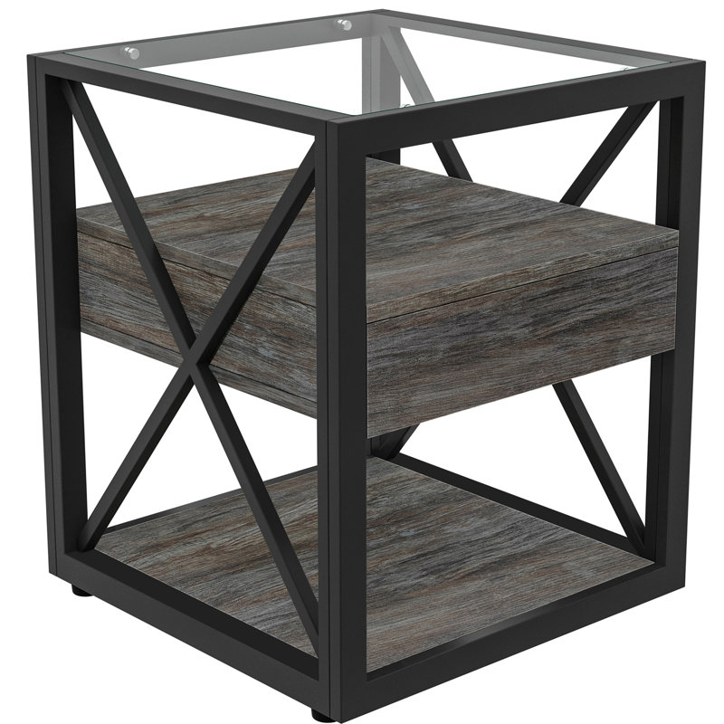 Table de chevet rustique en bois avec tiroir et plateau en verre trempé pour chambre à coucher et salon
