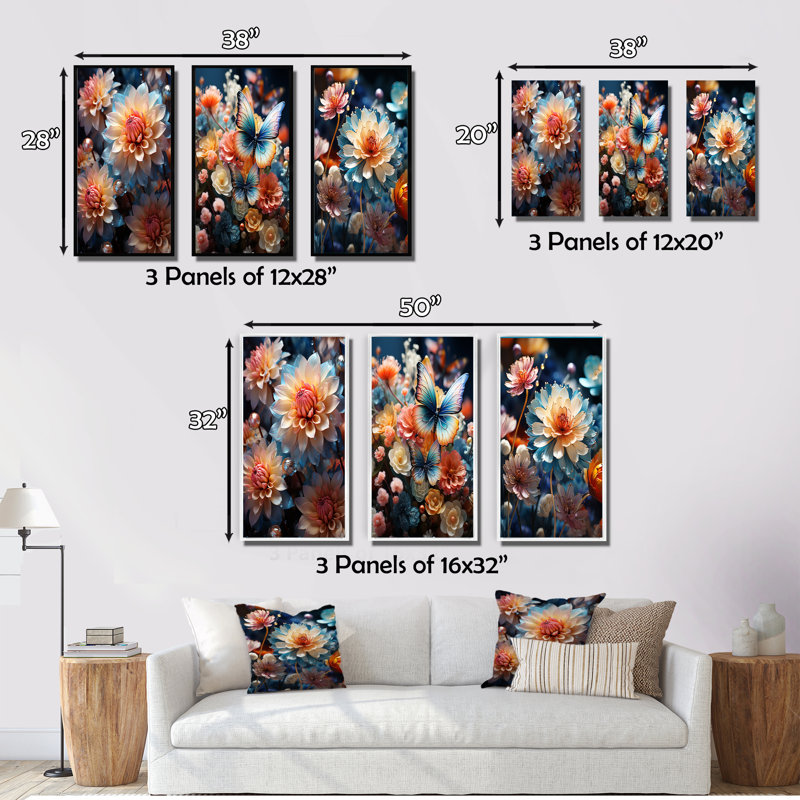 «Meadow Chrysanthemum Charm», 3 pièces sur toile, H 20 po x l 36 po, Cadre naturel flottant