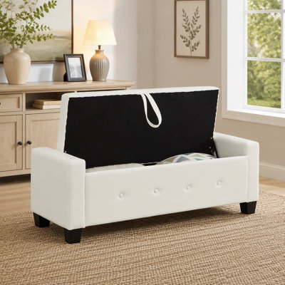 Banc avec repose-pieds 48 po avec rangement, banc pour chambre à coucher, salon, couloir, repose-pieds capitonné en similicuir PU blanc ivoire