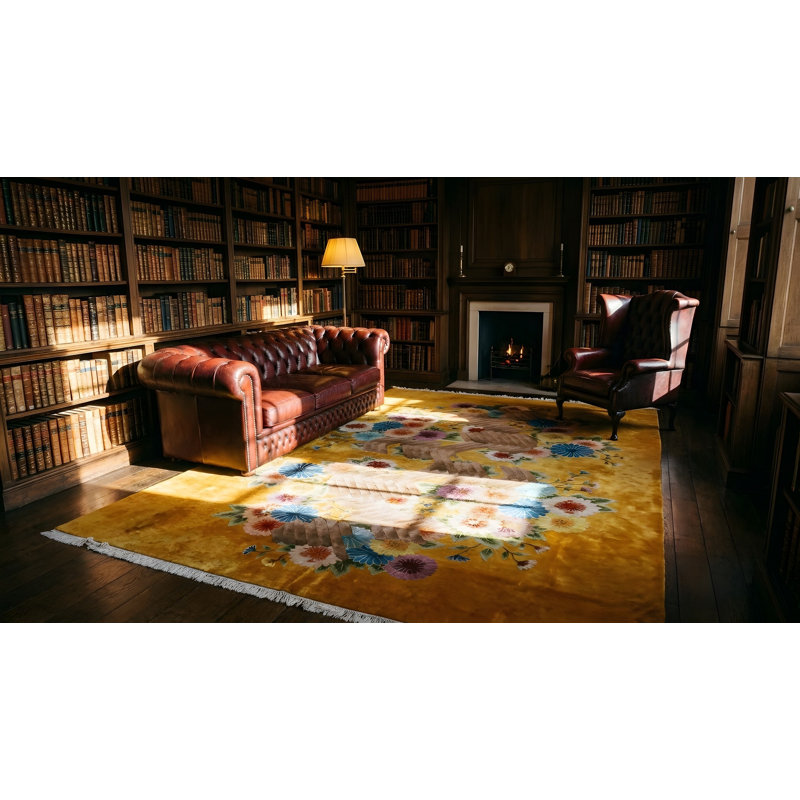 Room Size Knotted Antique Yellow Wool 1930s Chinese - Art Deco Rectangle Rug