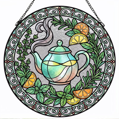Teapot Citrus Stained Glass Window Panel，12"H