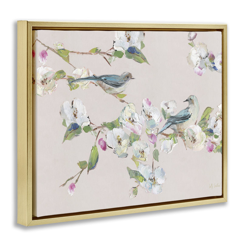 Fleurs et oiseaux doux au printemps, Cadre flottant métallique doré, H 25 po x l 31 po