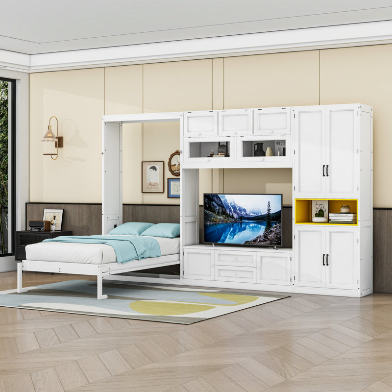 Lit escamotable simple en bois 2 tiroirs avec meuble télé, tablettes et armoire, Blanc