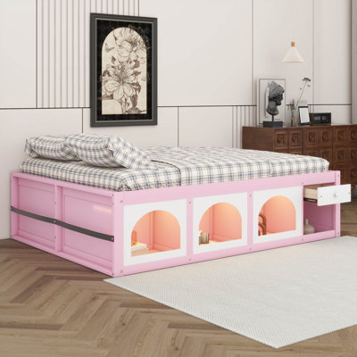 Platform Bed With Side Bookshelf & LED Lights, Wooden Storage Bed With Display Cubby And Drawer, No Headboard