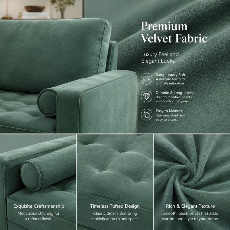 Canapé et causeuse en velours Bridgeview, H 33 po x l 58 po x P 32 po, Velours vert