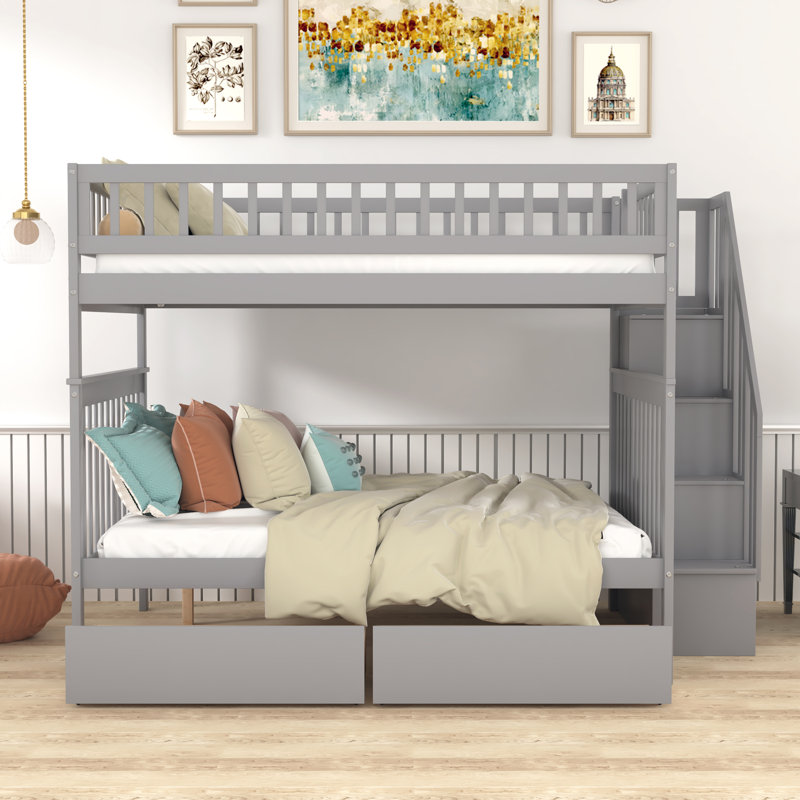 Estefano Kids Full Over Full Bunk Bed with Drawers, Gray