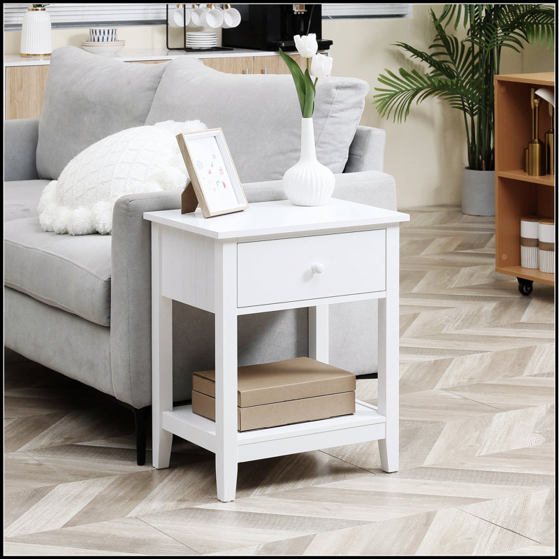 Modern 2-Tier End Table With Drawer And Storage Shelf, Perfect For Bedroom And Living Room Organization, White