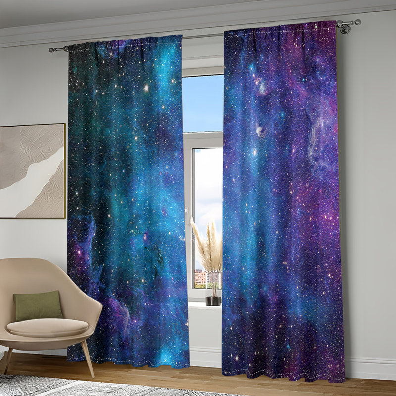 2Pcs Galaxy Nebula Stars Space Universe Curtains Cosmic Blue Purple Print Rod Pocket Drapes Thermal Insulated Window Treatment Panels for Living Room Bedroom Home Decor