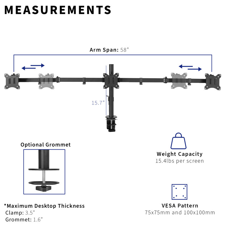 Black Steel Triple Monitor Desk Mount for 21.5 to 27 Inch Screens