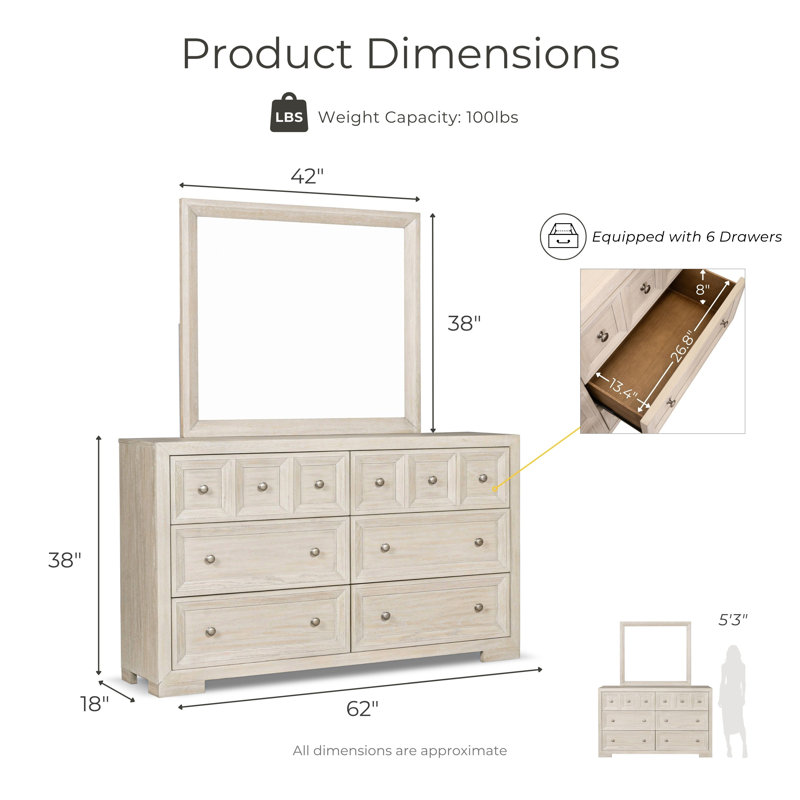 Schell 6-Piece Bedroom Set, Natural, Queen, 6 Pcs: Bed, 2 Nightstands, 2 Dressers, Mirror
