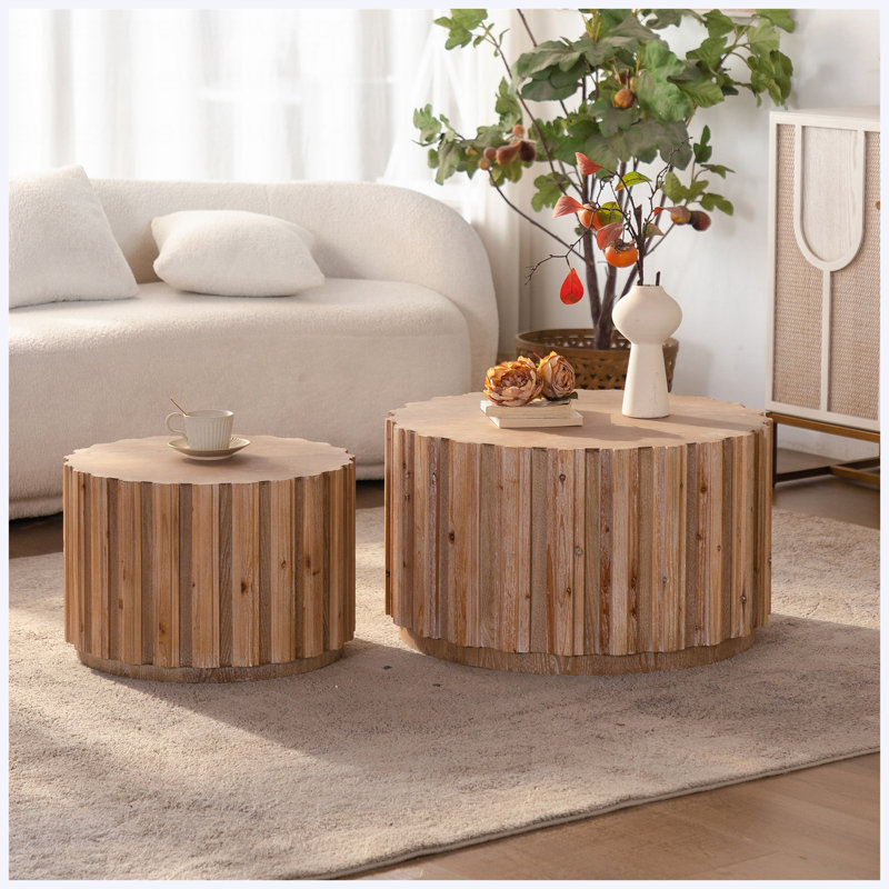 Ensemble de 2 tables basses rondes gigognes | Bois de noyer, lattes verticales, style campagnard rustique, Natural Wood