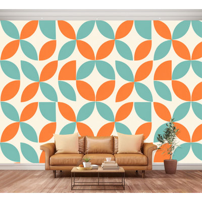 Papier peint adhésif autocollant amovible de style Mid-Century tulipe moderne à motif géométrique floral bleu sarcelle et adhésif orange pour salon H 100 po x l 144 po