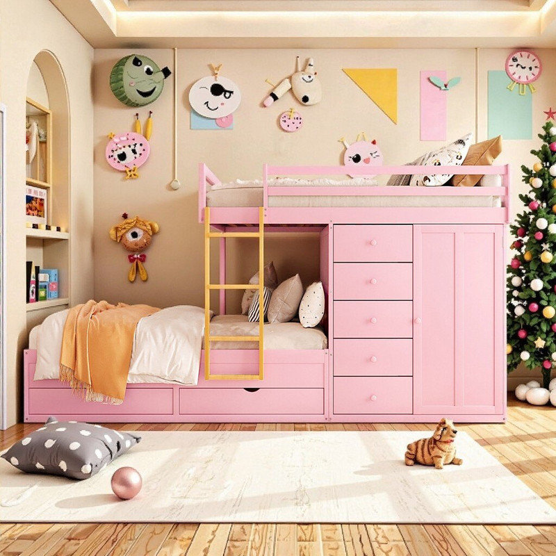 Lit double superposé double avec rangement 2 grands tiroirs 5 petits tiroirs et garde-robe, Rose