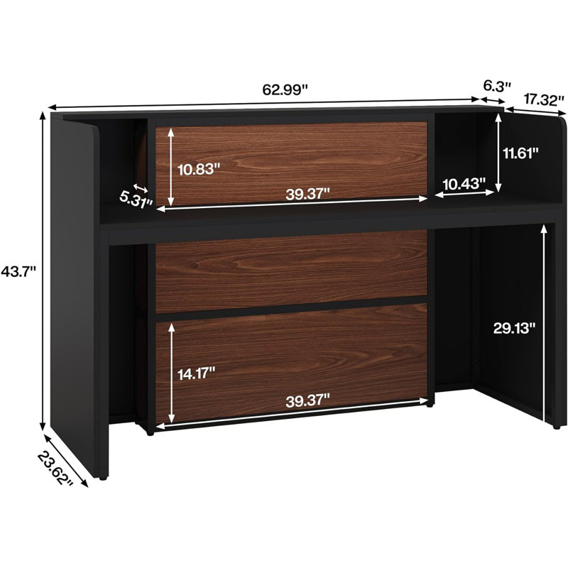 Kyeron 63'' Reception Desk with Led Lights Sturdy Base, Black/Walnut
